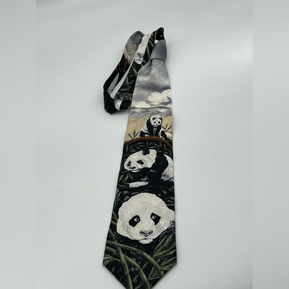 Panda Print Silk Tie - Black, Gray, Cream